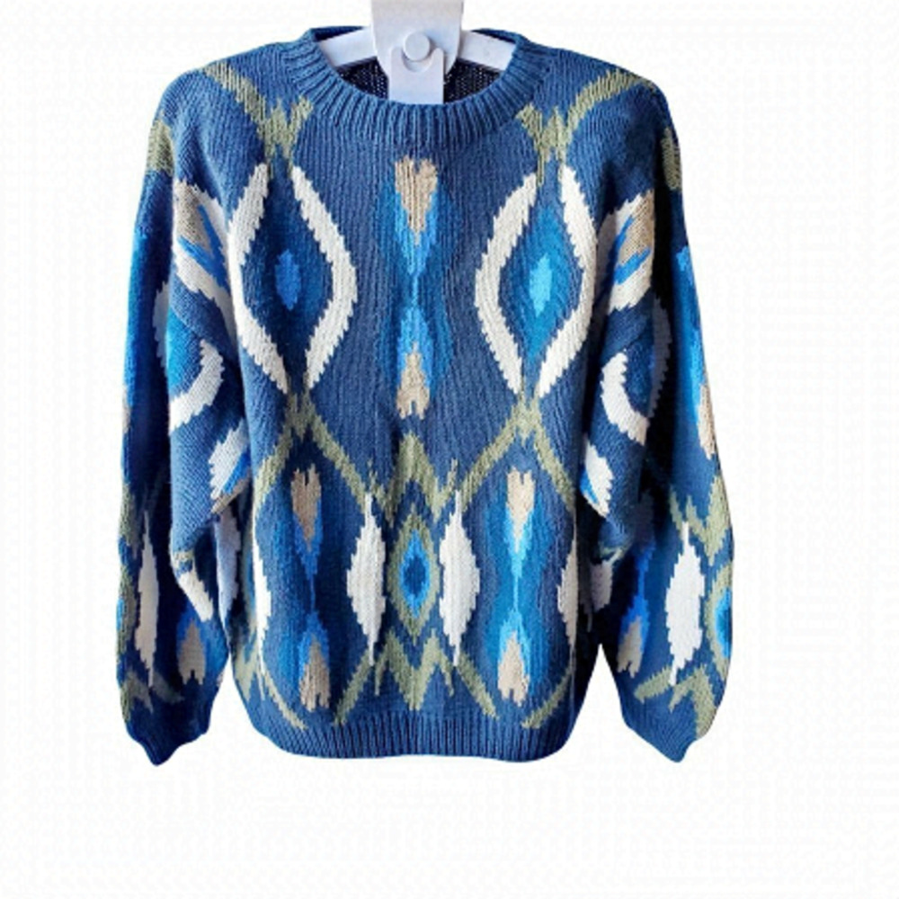 Vintage 90s Oversized Retro Multicolor Crew Neck Coastal Men's Sweater. X-Large